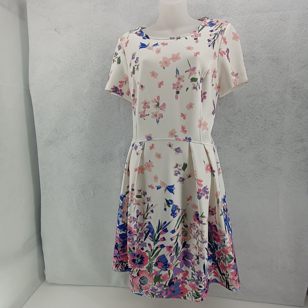 ELLE Womens Fit and Flare Dress Floral Short Sleeve Scuba Ivory Blue Pink Large